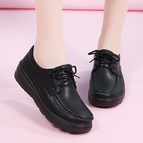 New nurse shoes women's soft-soled casual leather shoes with laces lightweight black and white work shoes factory wholesale