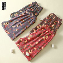 2024秋冬季国风碎花秋裤女加绒保暖妈妈松紧腰长裤薄绒内穿打底裤