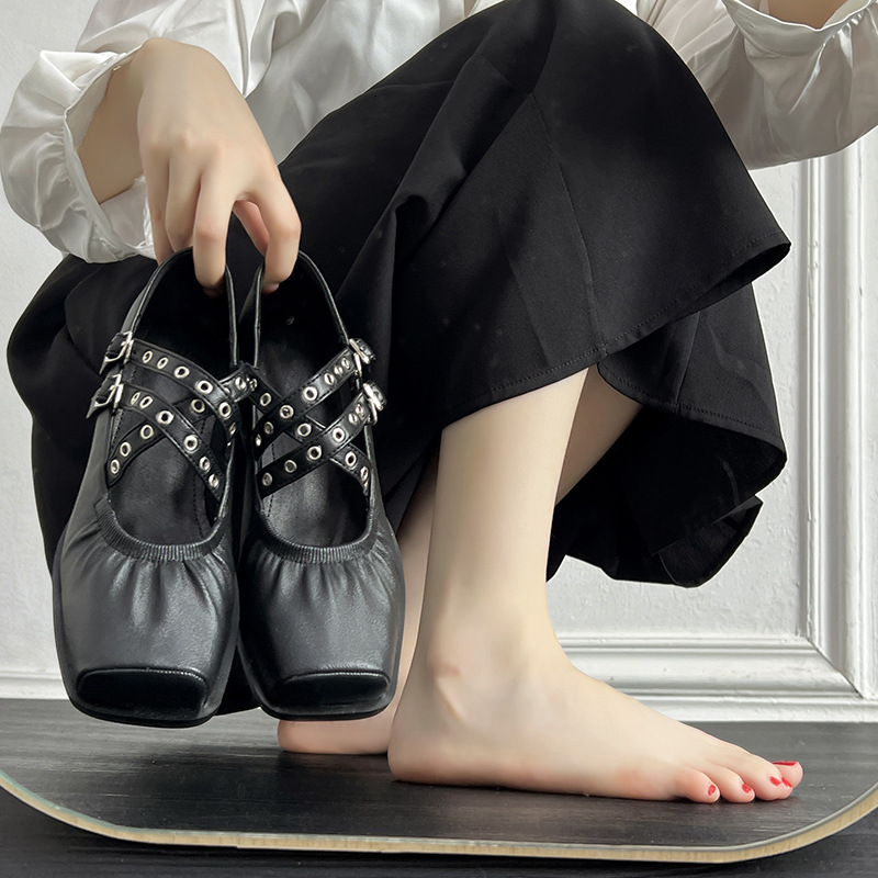 Cross-Strap Shallow Ballet Shoes for Women 2025 Spring New Square Toe Thick Heel Versatile Mary Jane Shoes High Heels
