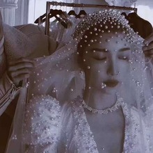 2020年韓式珍珠時尚亮閃頭紗婚紗旅拍攝影道具百搭長拖尾禮服歐美