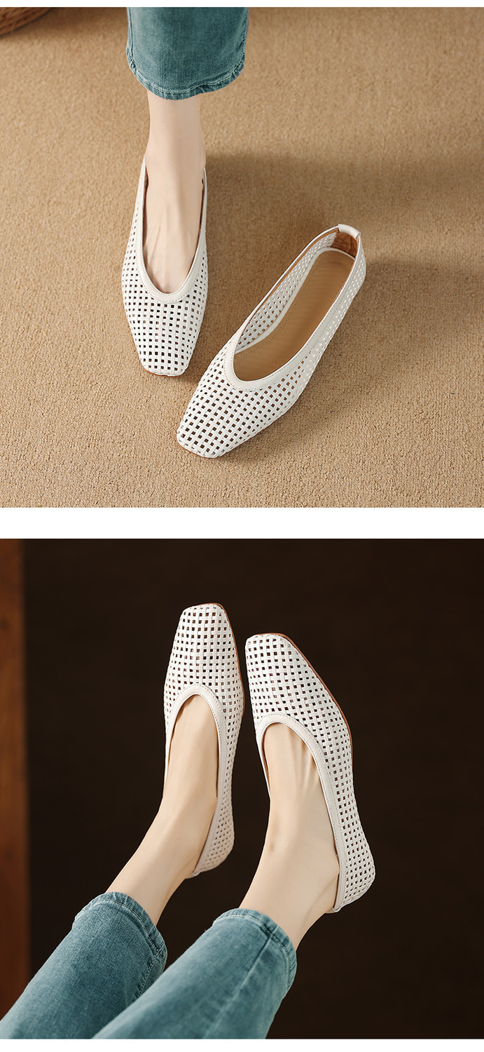 Sandal nữ mũi nhọn gót thấp lưới thoáng khí mũi khoét 2025 — Màu trắng nhạt, bạc chi tiết 3