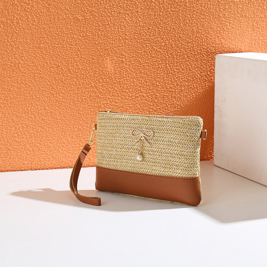 Straw Material Color Block, Bow Knot Pattern Women's Small Straw Color Block Bow Knot Vacation Square Zipper Crossbody Bag