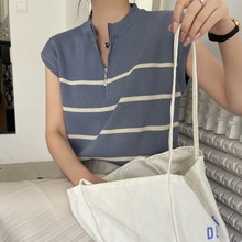 2025半拉链条纹针织上衣女春夏新款小个子韩系通勤穿搭气质背心潮