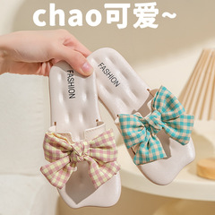 Classic, fashionable, delicate and comfortable plaid bow parent-child slippers 2023 breathable office slippers for women