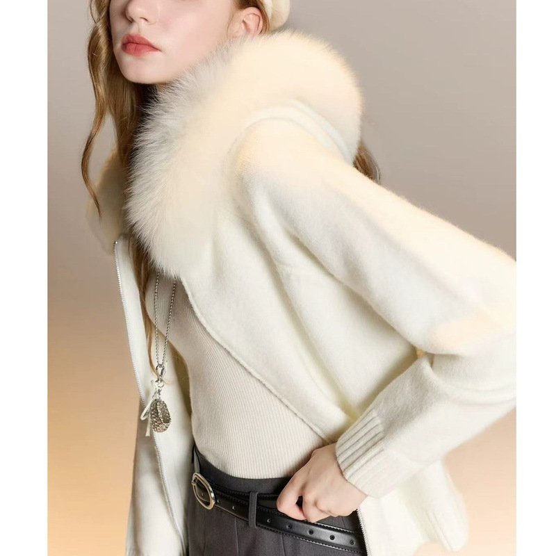 [Fox Fur Collar] 3 Colors 2025 Winter New Hooded Long Sleeve Sweater Zipper Cardigan Sweater for Women
