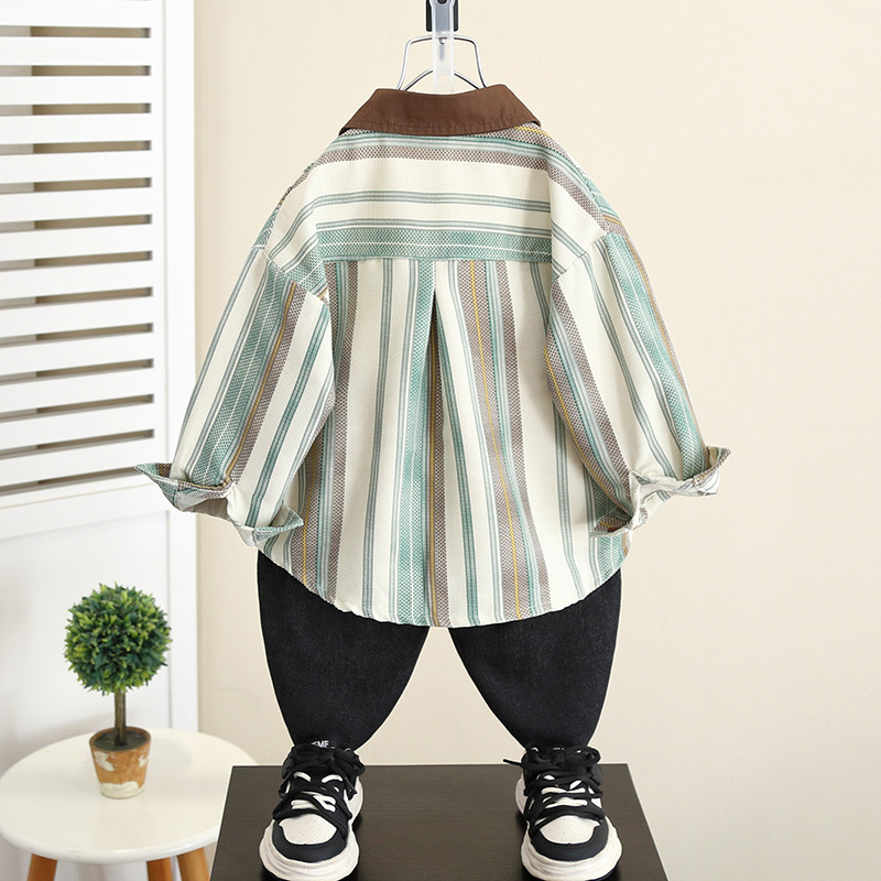 5827 chaqueta de camisa para niños primavera y otoño 2025 nuevo bebé otoño versión coreana camisa de manga larga para niños blusa a rayas