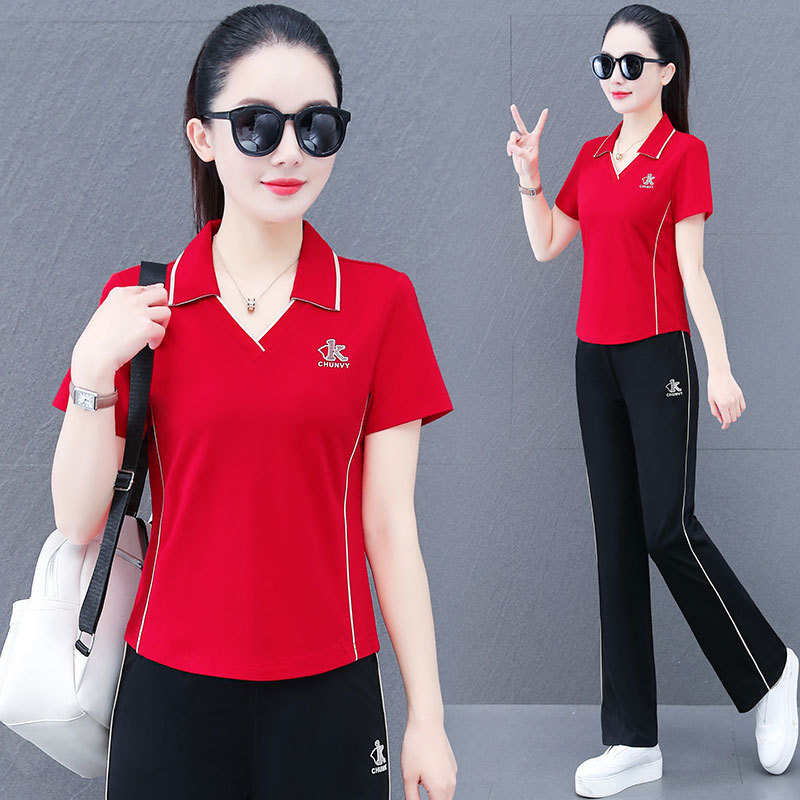 Ice Silk Quick-drying Elastic Vertical Leisure Sports suit Women's Summer Middle-aged Mother's Contrast Color V-shaped Lapel Two Pieces Ice Silk Quick-drying Elastic Vertical Leisure Sports suit Women's Summer Middle-aged Mother's Contrast Color V-shaped Lapel Two Pieces