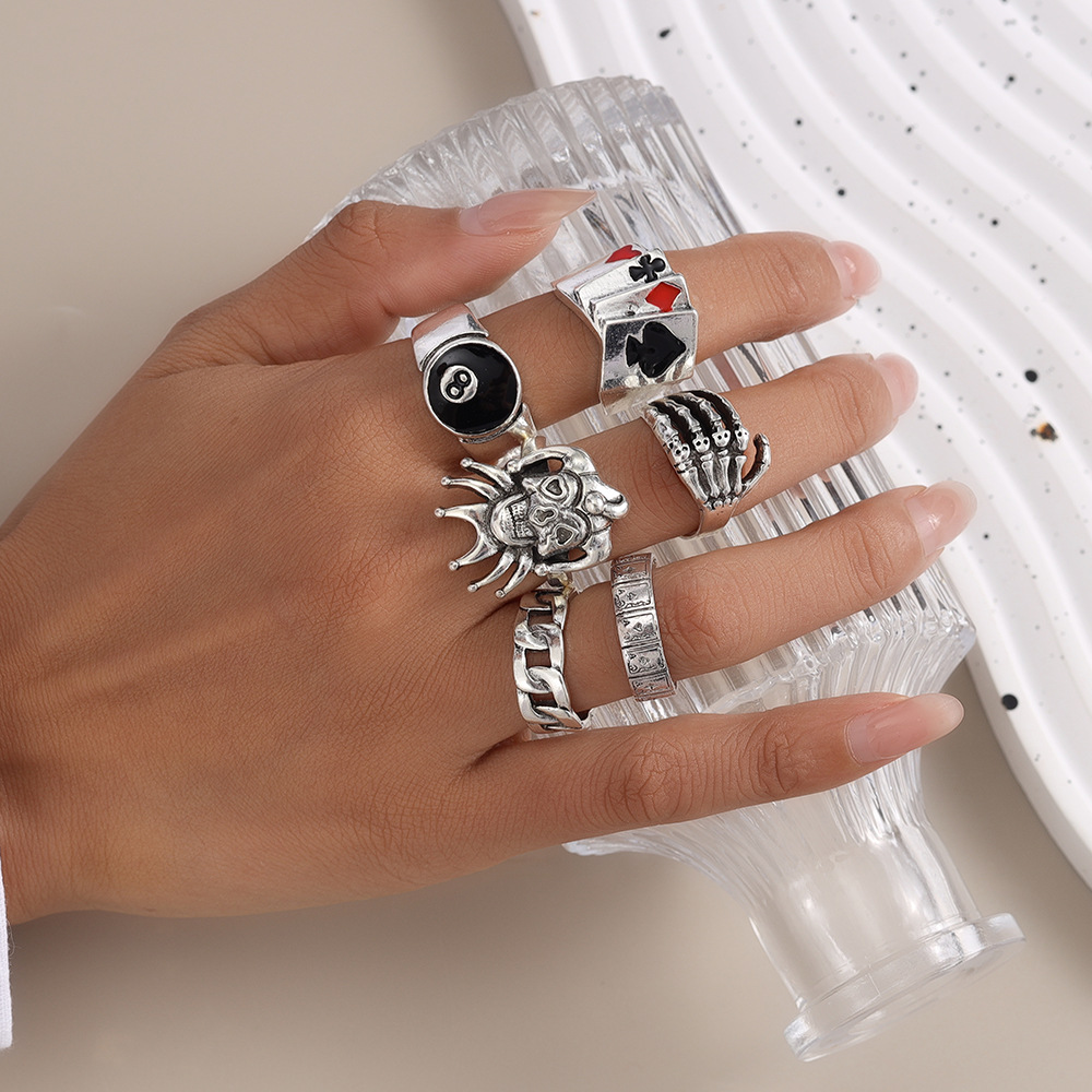 Retro Skull And Poker Card Ring Set For Men Hip Hop Style_voghion.com