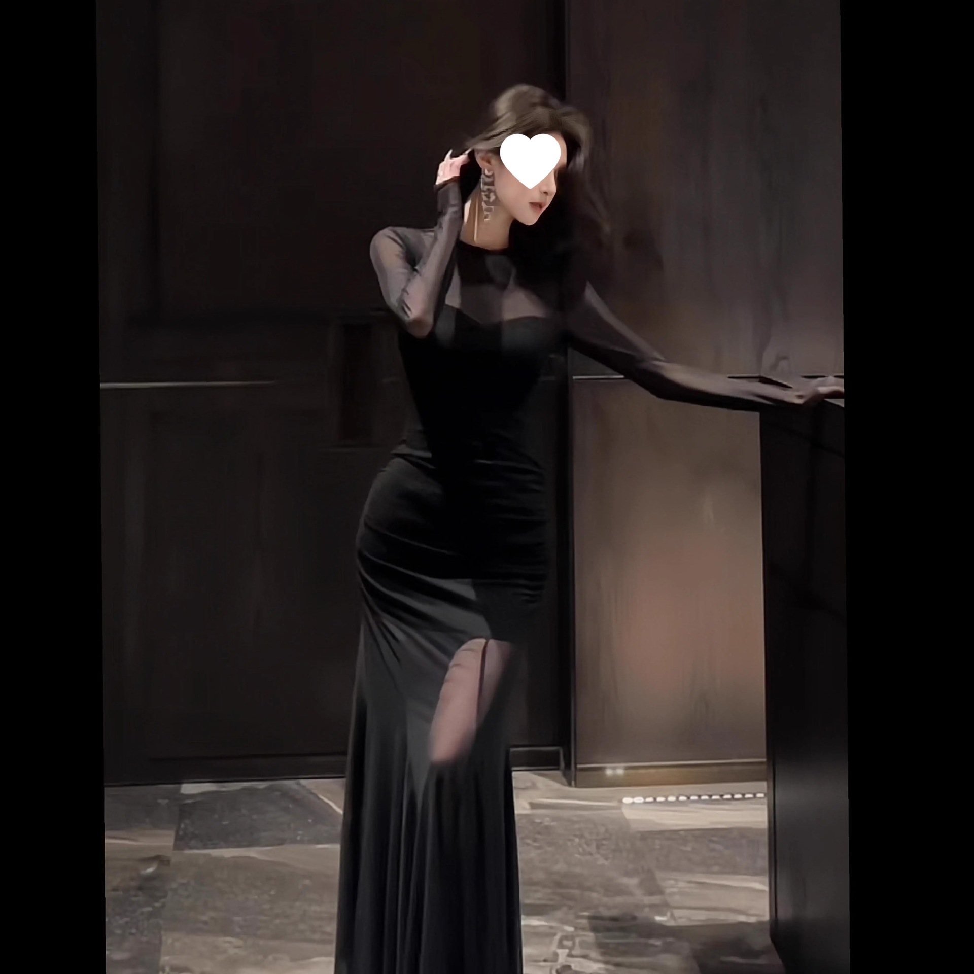 Pure Desire Sexy Mesh Splicing Long Sleeve Birthday Dress Summer Hot Girl Waist Slimming Hip Covering Fishtail Skirt Long Skirt