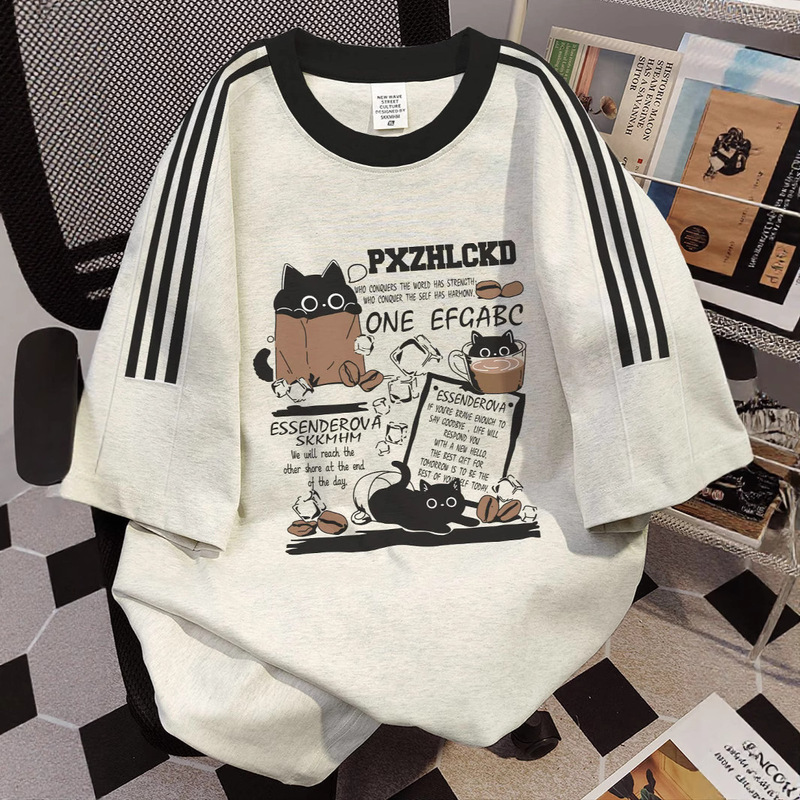 Pure Cotton American-style Three-bar Short-sleeved T-shirt Women's Summer New Retro Hip-hop Street-style Loose plus size Top Trendy Pure Cotton American-style Three-bar Short-sleeved T-shirt Women's Summer New Retro Hip-hop Street-style Loose plus size Top Trendy