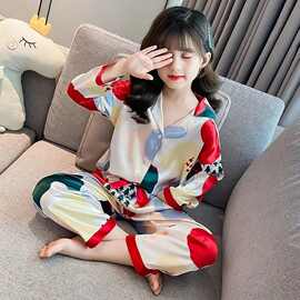 儿童睡衣女春秋季女童冰丝薄款仿真丝绸长袖宝宝中大童家居服套装