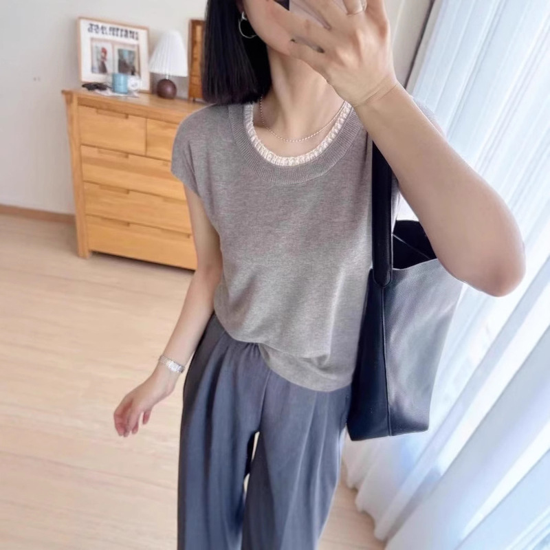 Spring 2025 New Round Neck Pullover Worsted Wool Short-sleeved Shirt Women's Fluffy Soft Waxy Skin-friendly Age-reducing All-match T-shirt