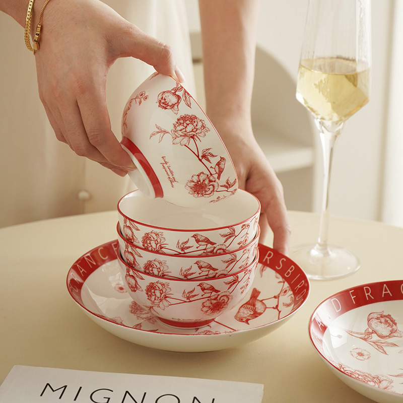 Bird Language and Fragrant Flowers Chinese Style Flower and Ceramic Dishes Opening Activity Gift Wedding Gift Moving House Tableware Gift