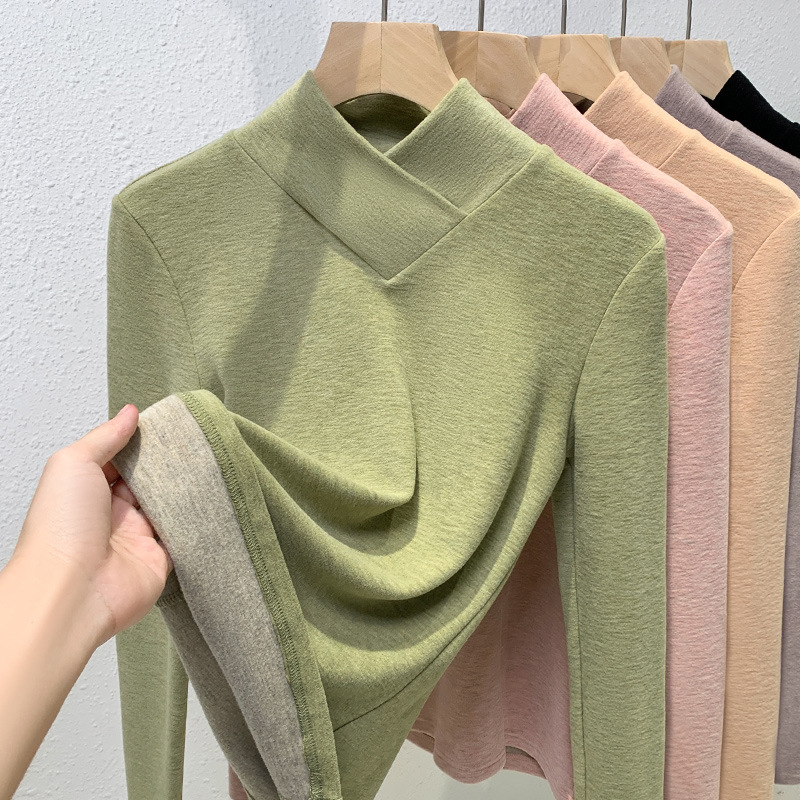 La mitad de las mujeres de terciopelo de cuello alto camisa de fondo 2023 nuevo estilo occidental de las mujeres cuello superpuesto cepillado camiseta caliente interior superior image 4