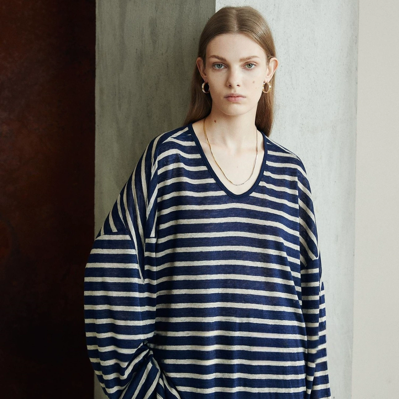 Открывая комнату/модный B в ROW ветер импортный цикорий тонкий лен в полоску с плечами