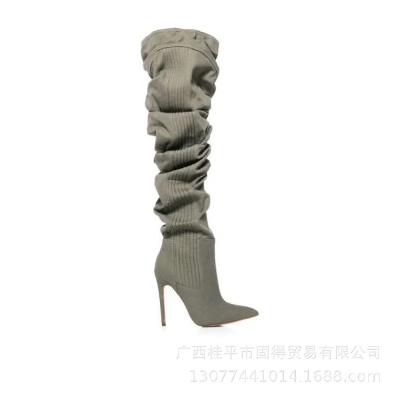 Cross-border independent station ins fashion catwalk stiletto heel Denim camouflage Boots women's shoes Long Boots loose