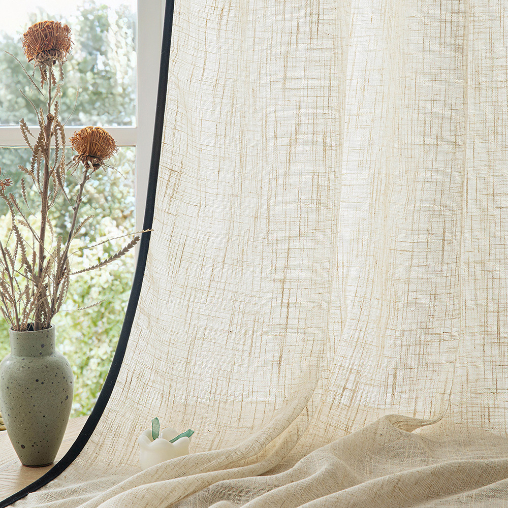 Japanese wabi-sabi style linen sheer curtains, light-filtering but not people-filtering, with black edges, living room floor-to-ceiling windows, high windows, Chinese-style curtains