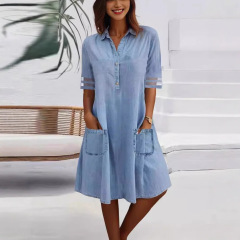 2025 アマゾン独立局ヨーロッパとアメリカの新しい女性のメッシュスプライシング無地デニム半袖ドレスロングスカート