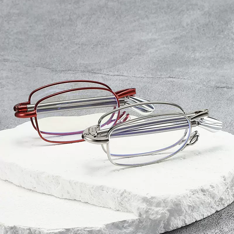 日本天线折叠全框老花防蓝光抗疲劳银色简约金属框老人老花眼镜