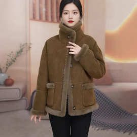 一件代发皮毛一体外套女2024新款秋冬今年流行加绒加厚保暖棉服女
