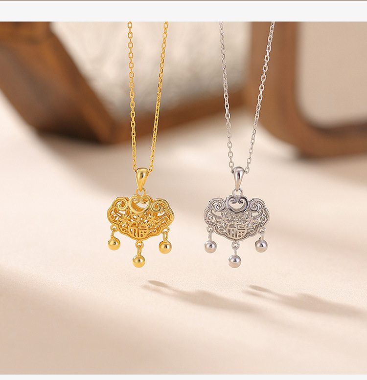 Dây chuyền bạc S925 mạ vàng mặt khóa rỗng tua rua phong cách Trung Hoa — Mẫu bạc (bao gồm cả dây chuyền) chi tiết 3