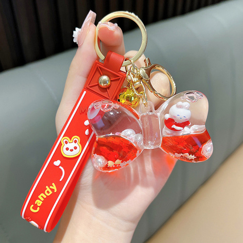 New Year Creative Cartoon Bow Quicksand Bottle Rabbit Keychain Oil Liquid Pendant Drift Bottle Keychain