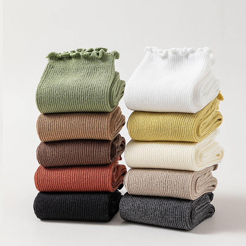 Damen Crew Socken Mit Wellensaum Für Herbst Und Winter Einfarbig_voghion.com