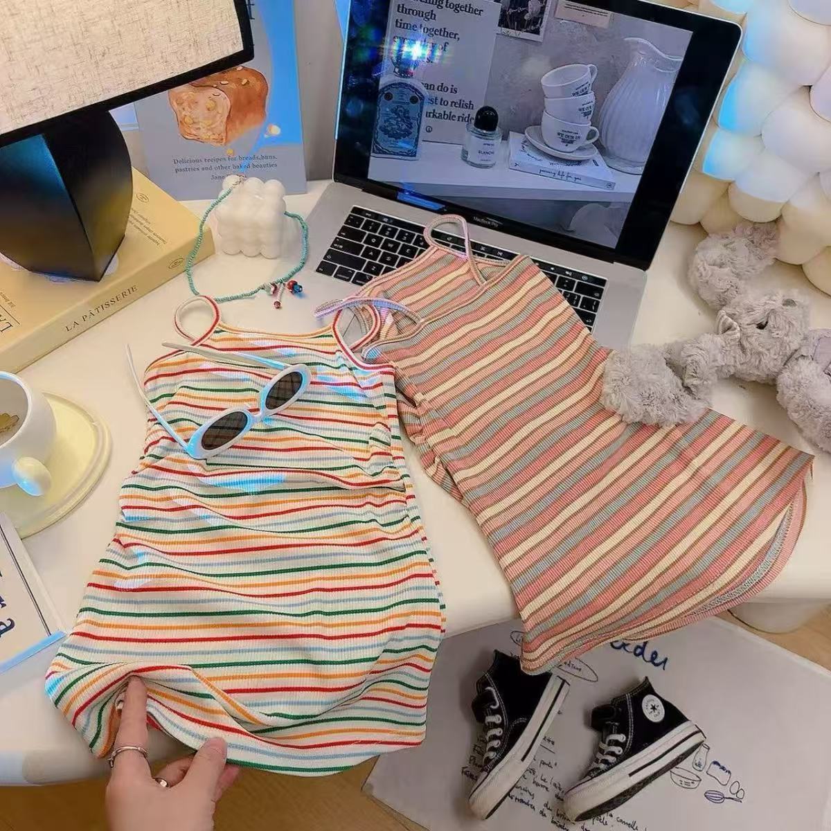 Summer Girls' Suspender Dress for Small and Medium-Sized Children, Rainbow Striped Holiday Style Vest Princess Dress, Korean Style Long Dress