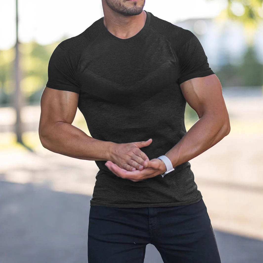 Comercio exterior transfronterizo entre Europa y Estados Unidos Wish hombre de otoño deportivo acondicionamiento casual cuello elástico catiónico cuello redondo camiseta de manga corta