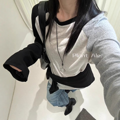 韩系时尚慵懒松弛感撞色天丝柔软垂坠感长袖T恤衫女秋冬内搭上衣