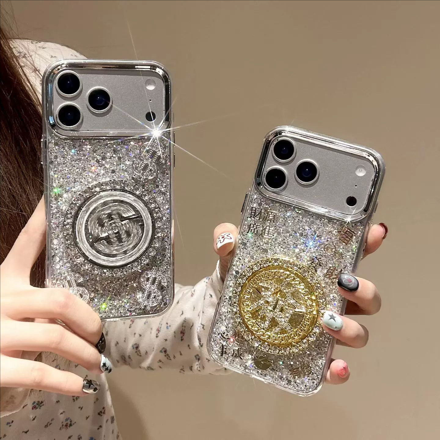 适用苹果18promax手机壳iphone17滴胶闪粉转盘美元发财16pro新款X