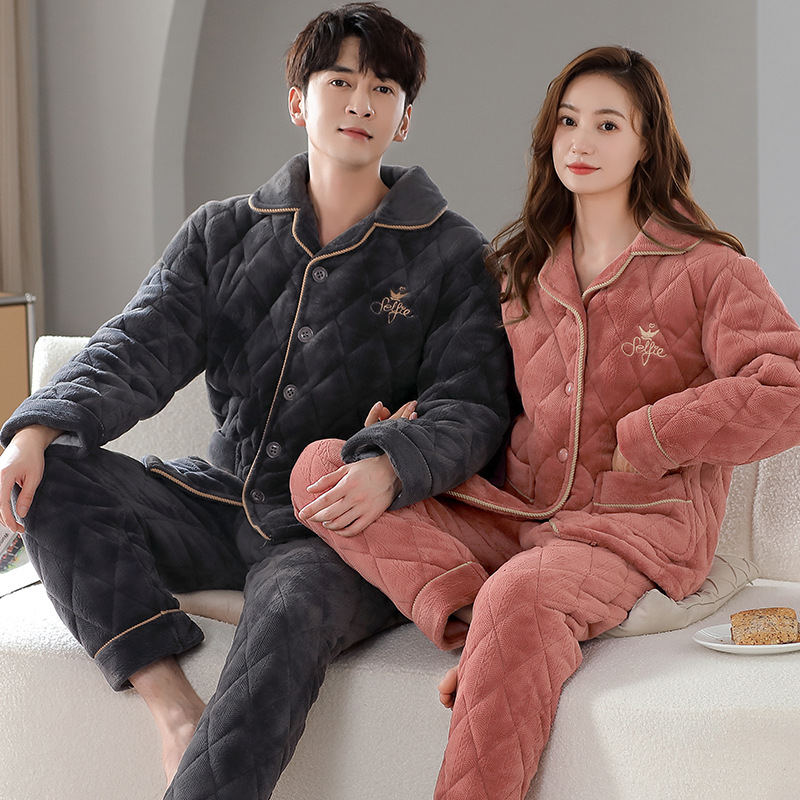 커플 퀼트 파자마 여성의 겨울 산호 양털 따뜻한 겨울 3 층 두꺼운 코튼 패딩 재킷 남자 기모 홈 옷
