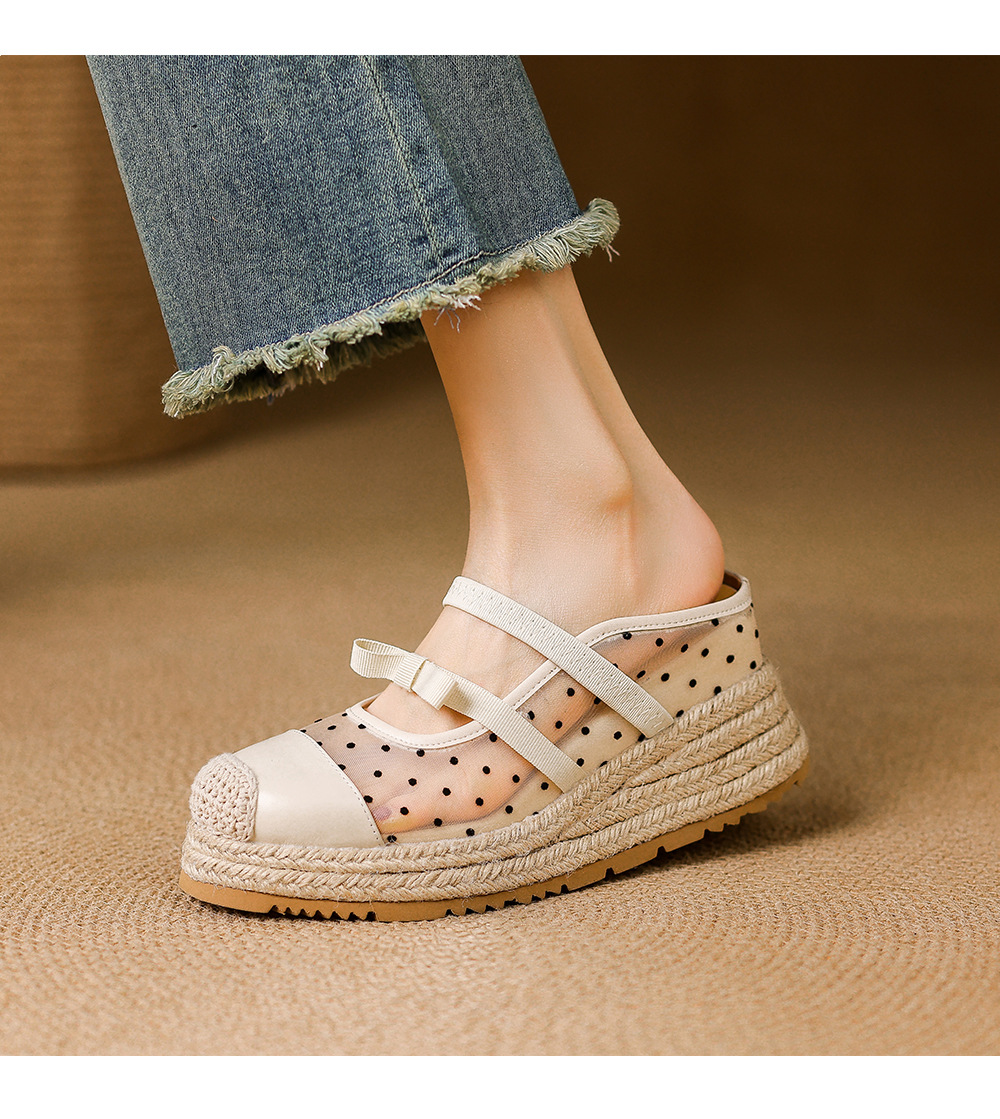 Mule nữ mũi nhọn bít đế xuồng cao gót 5 cm phong cách boho — màu trắng ngà, Chấm bi trắng kem chi tiết 6