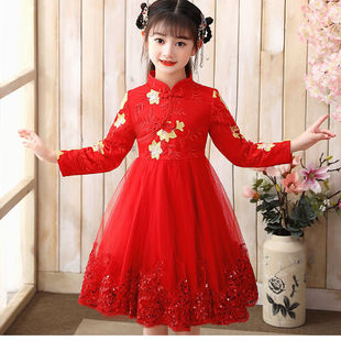 Girls' Cheongsam Spring & Fall New Chinese Style Princess Dress Western Style Middle-Aged Children's Ancient Costume Han Dynasty Kidsren's Long-Sleeved Dress