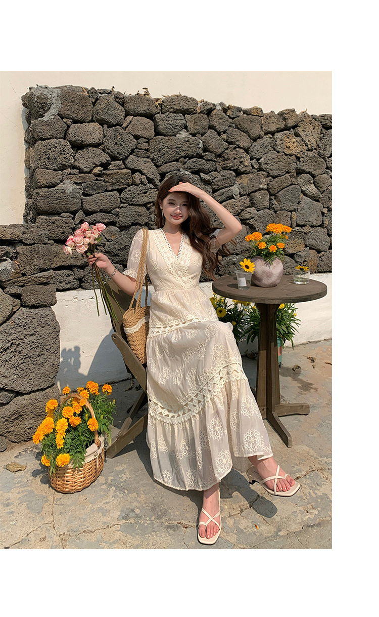 Đầm maxi nữ tay bồng ren hoa V cut-out phong cách Pháp cung đình — xanh lam, màu hồng, màu mơ chi tiết 15