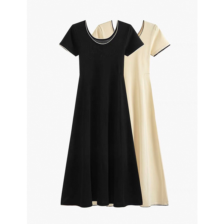 Dongguan Dalang Sweater Factory U-Neck Short-Sleeved Dress Summer Long A-Line Skirt Waist-Cinching Versatile Thin Knit Skirt