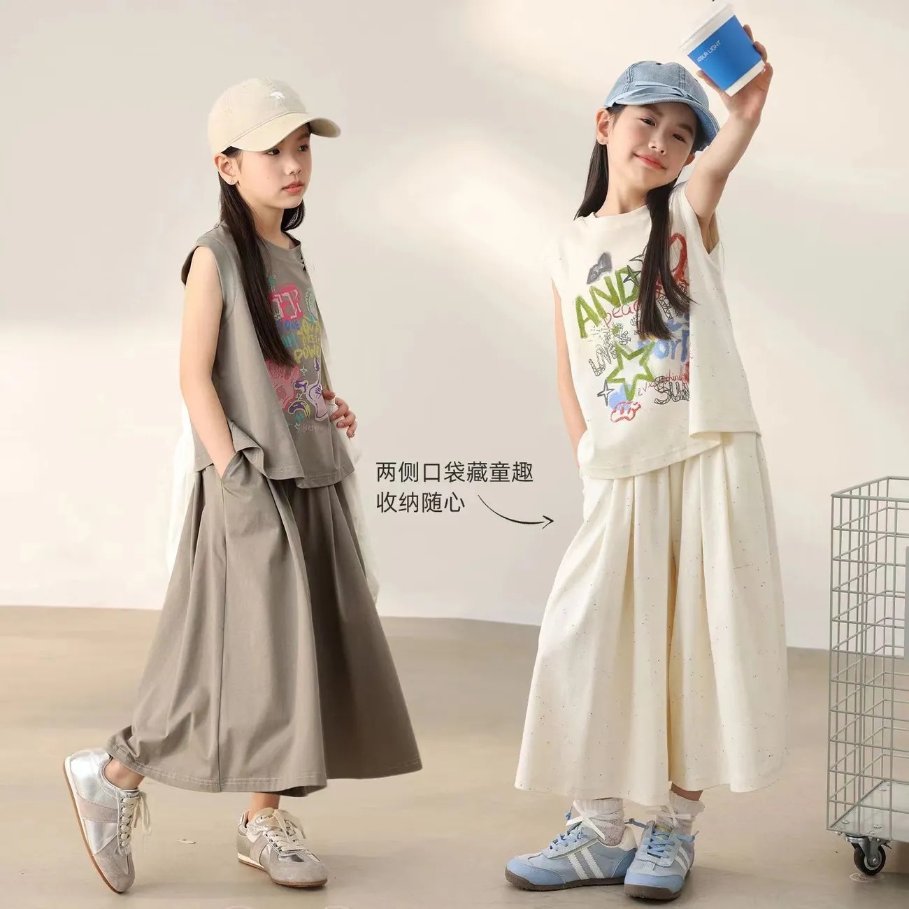 Girls Vest Suit Kidsren's Summer Fashionable Suit 2025 Short-Sleeved New Wide-Leg Pants Summer Two-Piece Suit