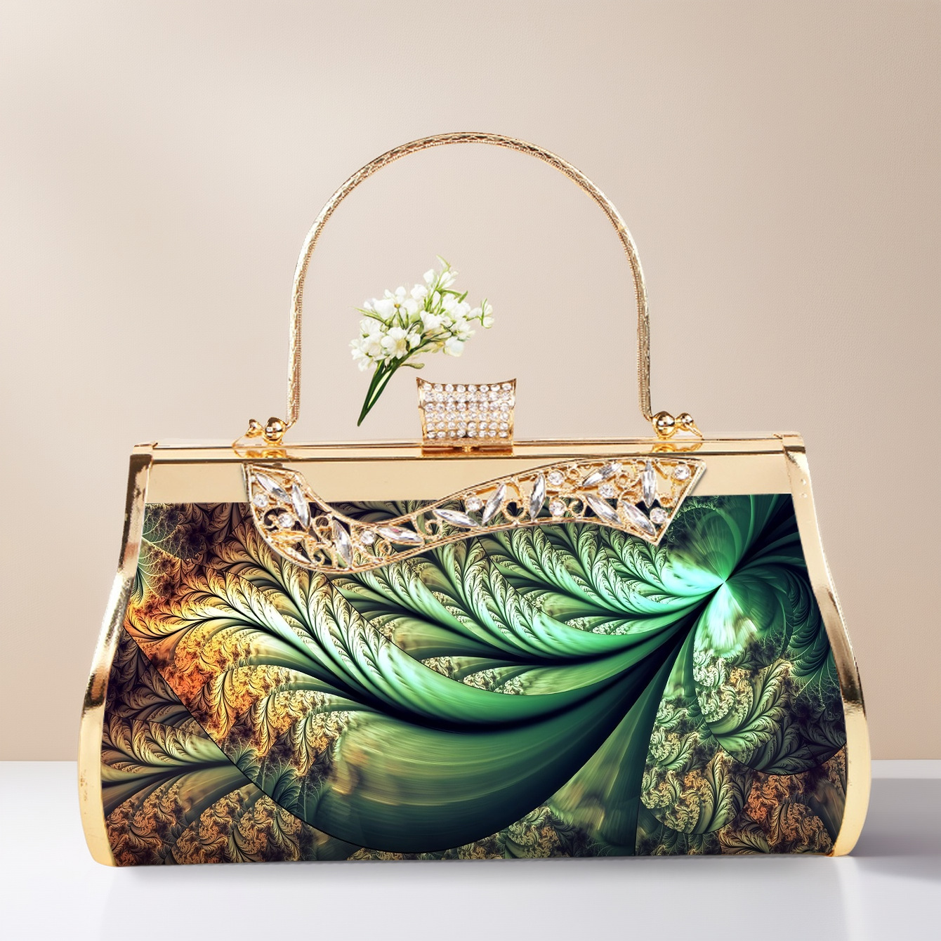 Elegante Abendtasche In Smaragdgrün Mit Blumenmuster Und Gold_voghion.com