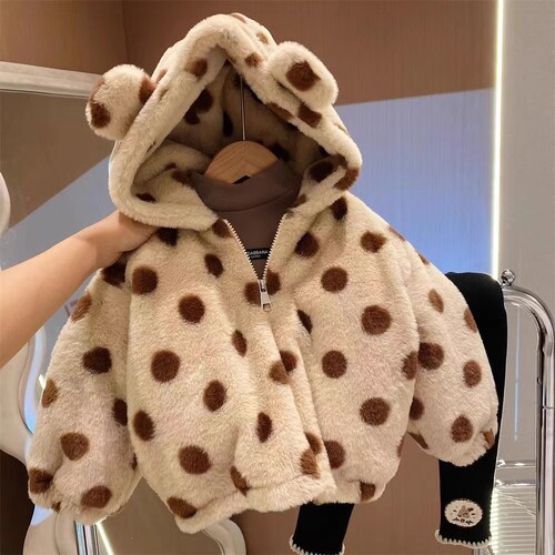 Baby Girl Wool Sweater 2025 Winter New Cap Hooded Polka Dot faux Fur Plush Warm Insulated Children's Jacket