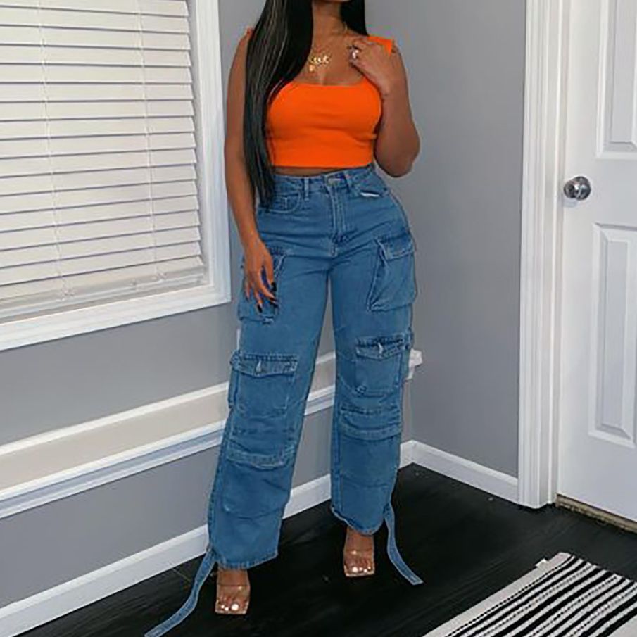Women's New Product Trend Multi Pocket Jeans Washed Workwear Pants_voghion.com