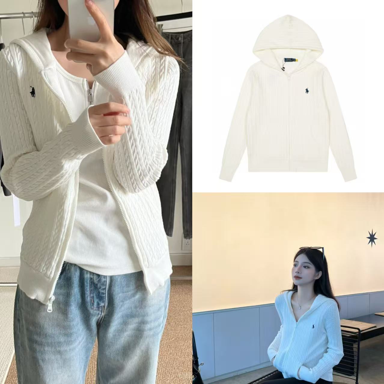 25 Autumn and Winter New Style Raff Rl Embroidered Goddess Style Small Twist Old Money Style Hooded Knitted Full Zipper Cardigan Jacket
