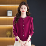 秋冬圆领全毛针织衫长袖新款休闲单排扣薄开衫100%羊毛妈妈毛衣，女装针织衫/毛衣，妃慕昵服饰