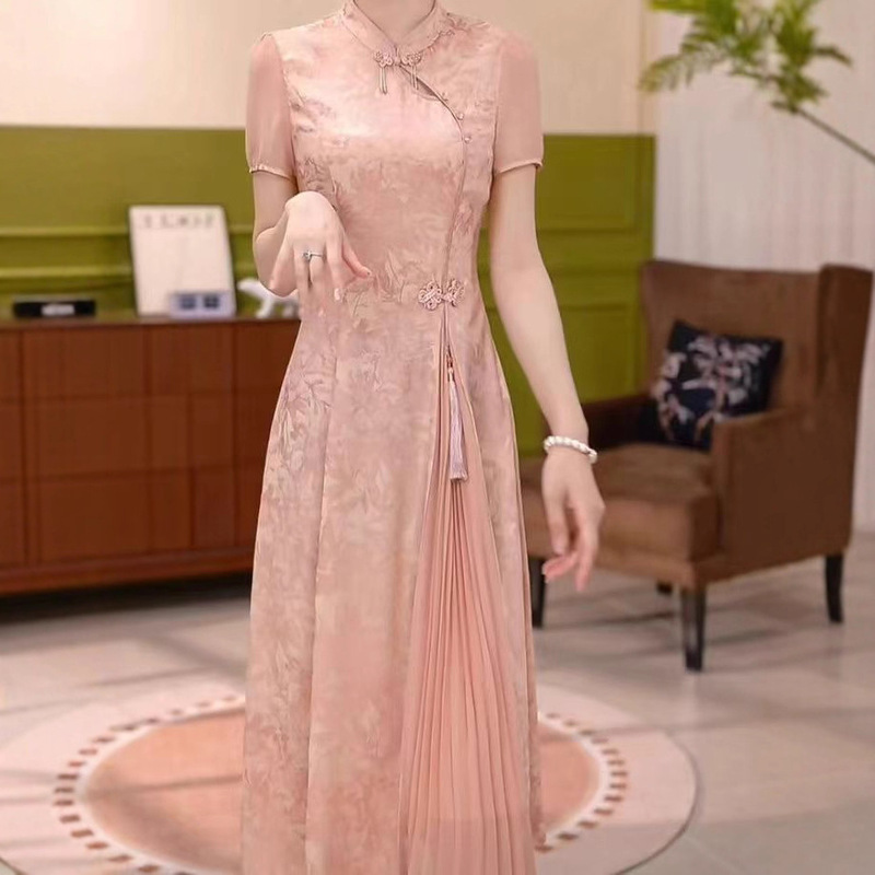 Trendy Summer Fashion Short-Sleeve Dress for Middle-Aged Moms, Chinese Style Mid-Length Dress, 2025 New Qipao Dress