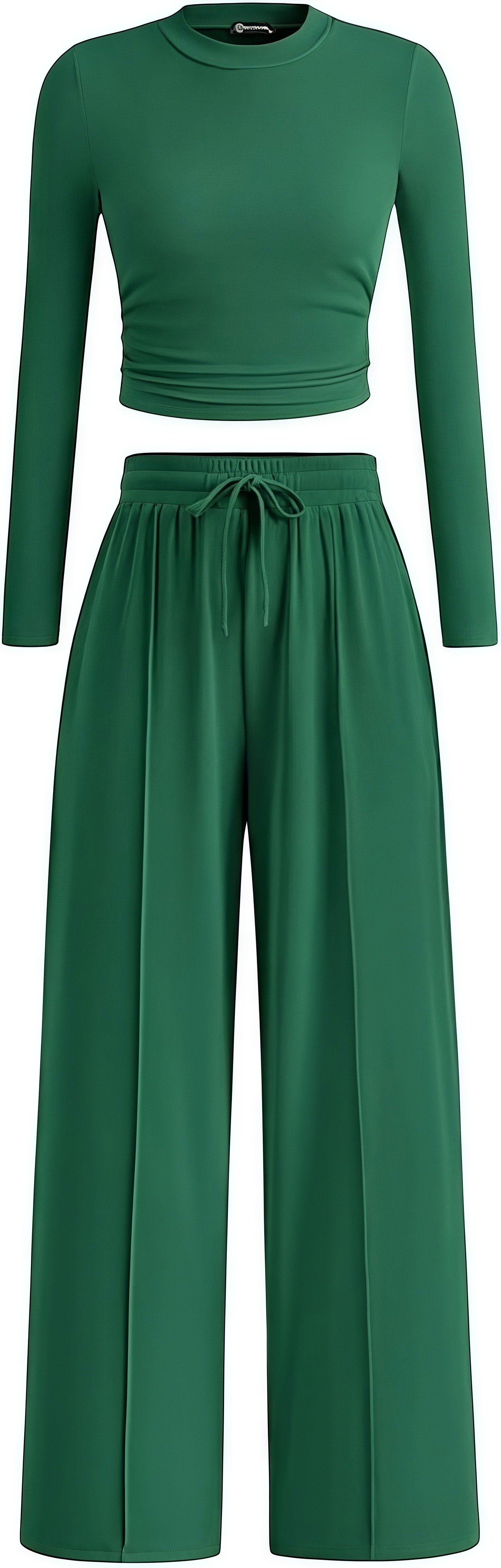 European American Cross-border Solid Color Ribbed Two-piece Set: Slim-fit Short Long-sleeve Top And Drawstring_ecoleips.com