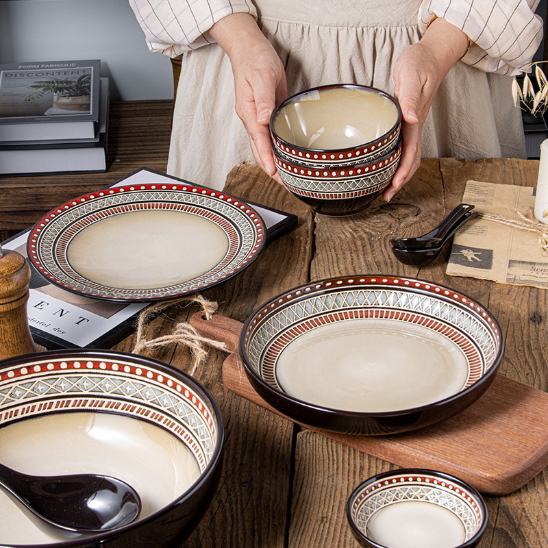 European-style Bohemian High-value Dishes Household Ceramic Western-style Steak Plate Creative Tableware Rice Bowl Soup Bowl