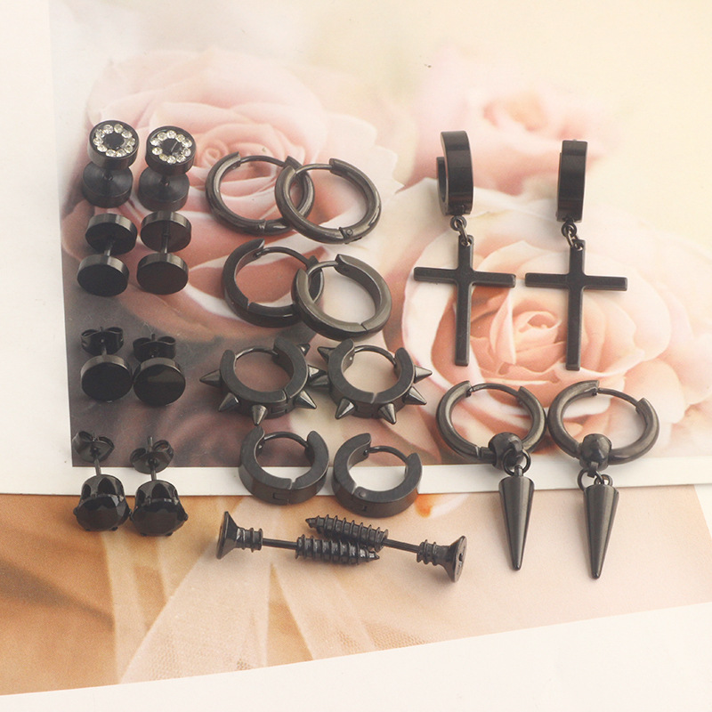 Men's Stainless Steel Earrings Cross Black Round Barbell 11 Pairs Fashion Ear Piercing Set detail image 8