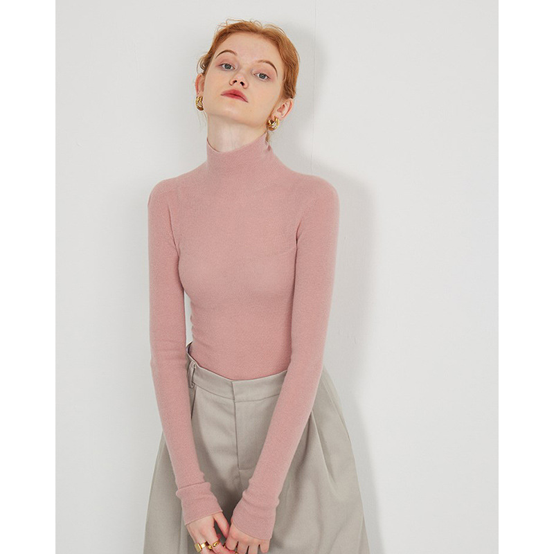秋冬法式粉色半高领羊毛针织衫女高级感紧身内搭打底毛衣洋气上衣