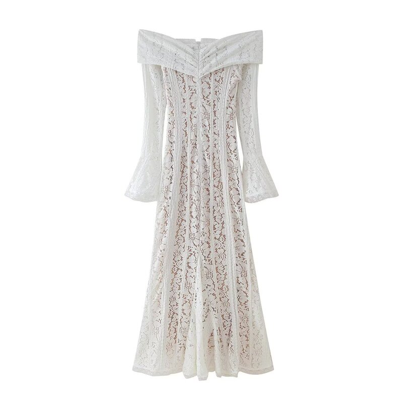 Cross-Border European and American Women's Clothing Lace One-Shoulder Bell-Sleeved Long Hip-Hugging Dress with Gentle and Elegant Temperament and Waist-Tail Dress Cross-Border European and American Women's Clothing Lace One-Shoulder Bell-Sleeved Long Hip-Hugging Dress with Gentle and Elegant Temperament and Waist-Tail Dress