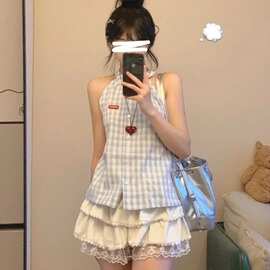 法式设计蓝色格子露肩衬衫背心夏季无袖高级气质别致独特休闲上衣
