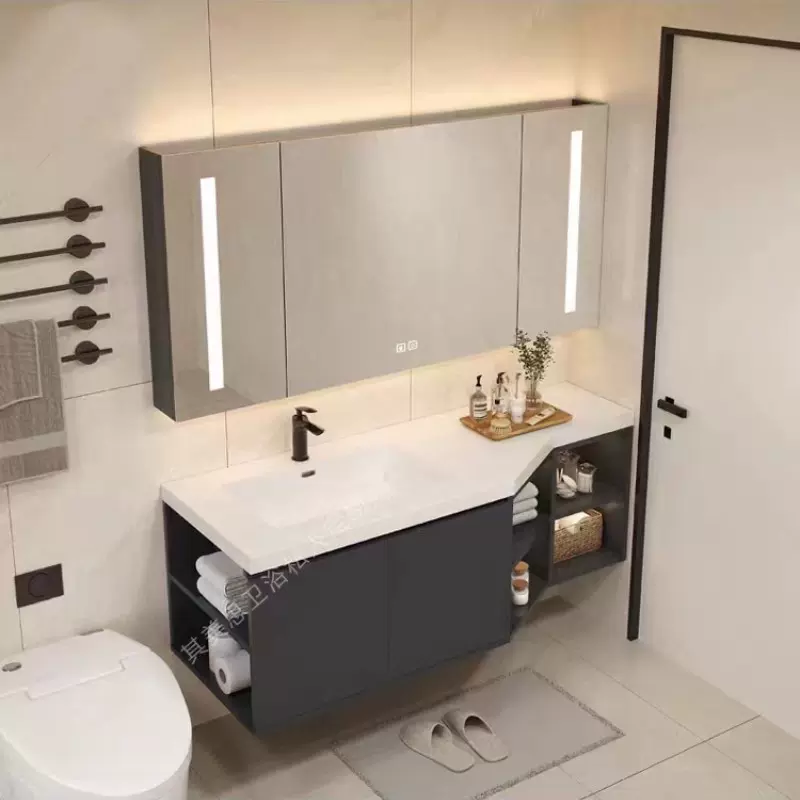 智能简约挂墙式人造石台面双层双盆浴室柜卫生间洗脸盆配套水龙头